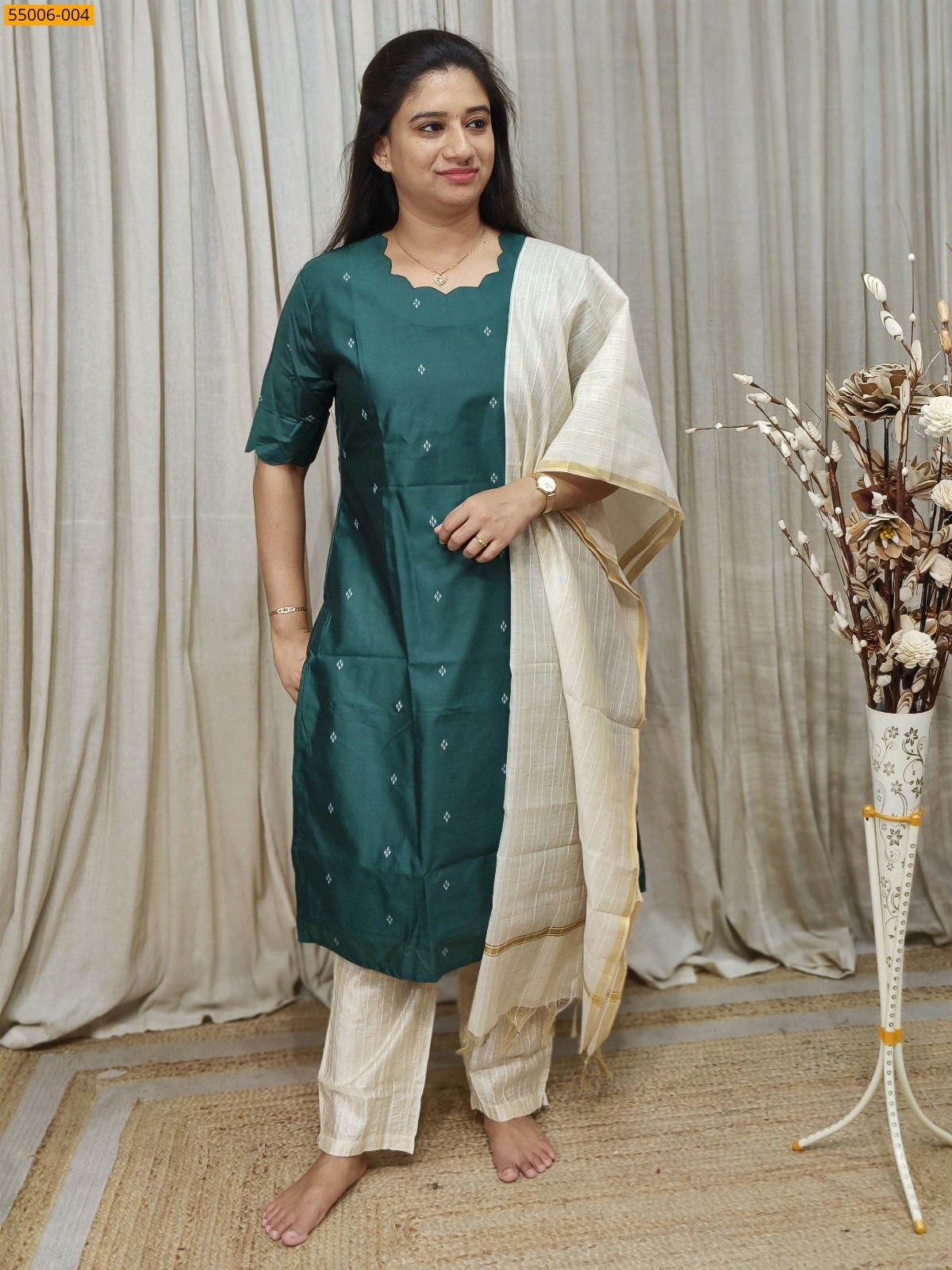 Green Handloom Stiched Cotton 3 Piece Suit Set
