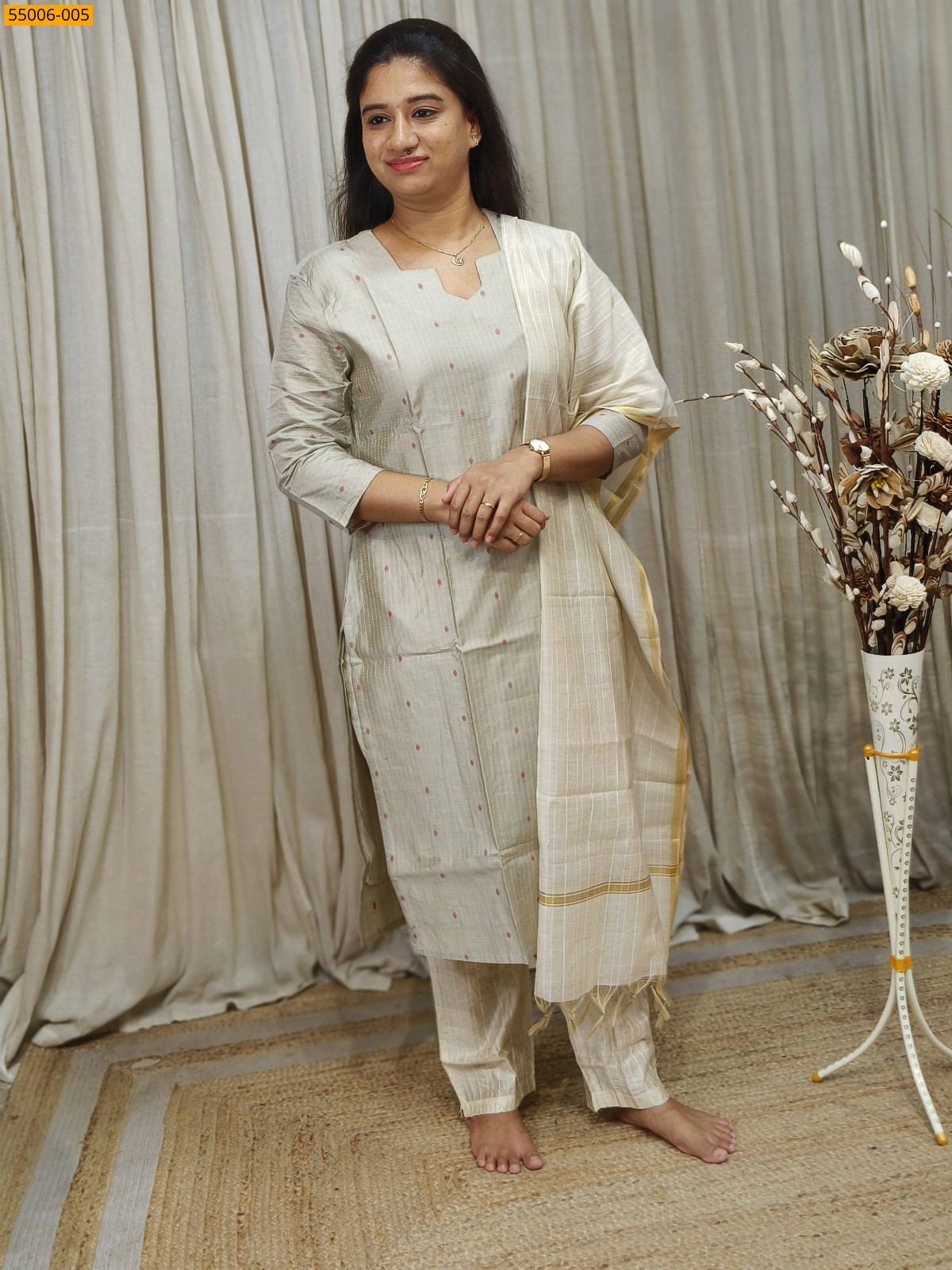 Grey Handloom Stiched Cotton 3 Piece Suit Set
