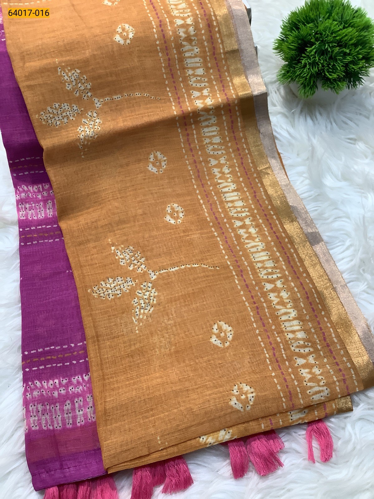 Mustard With Pink Fancy Linen Cotton Silk Blended Saree