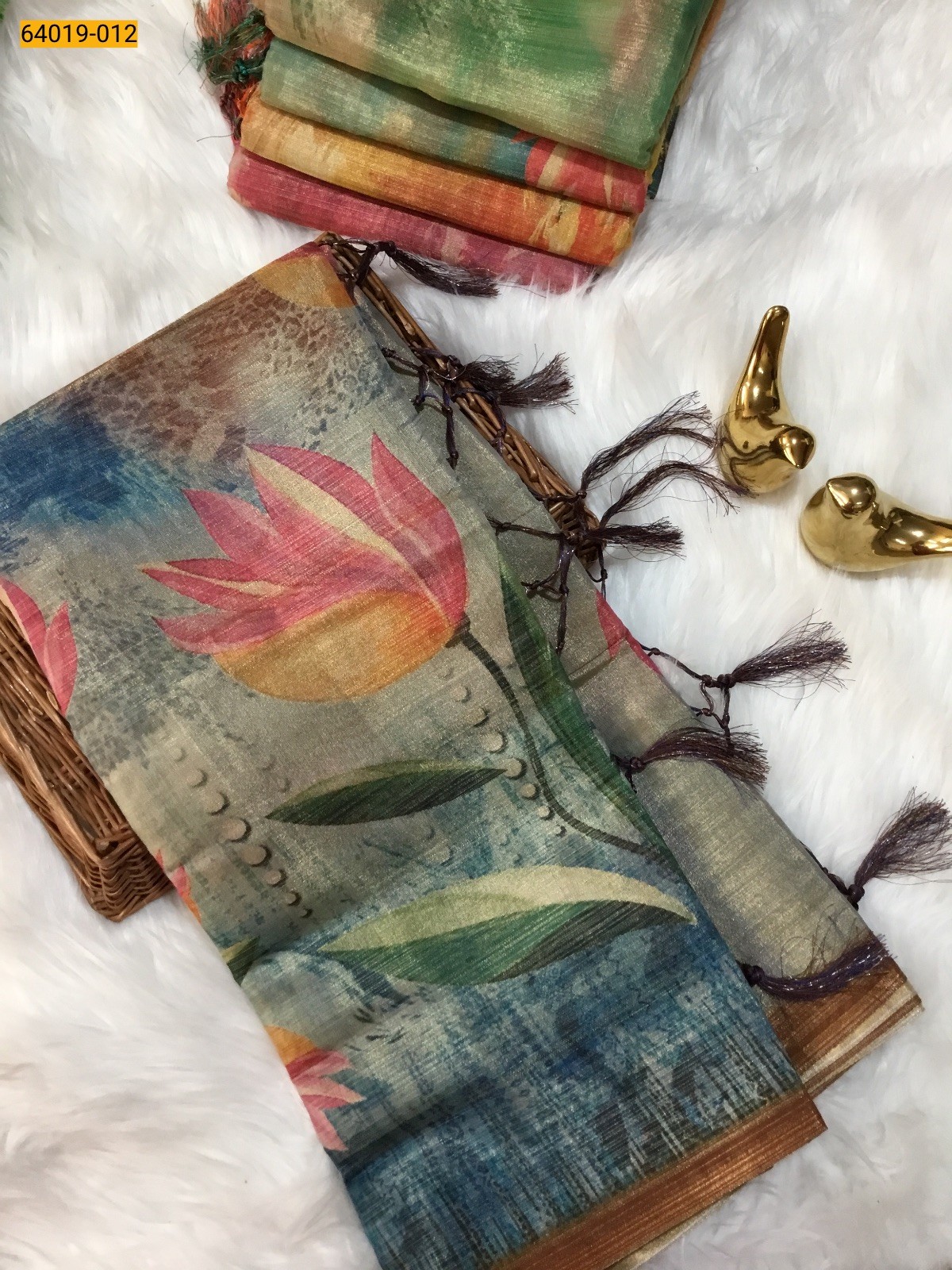 Golden With Brown Tissue silk digital printed sarees