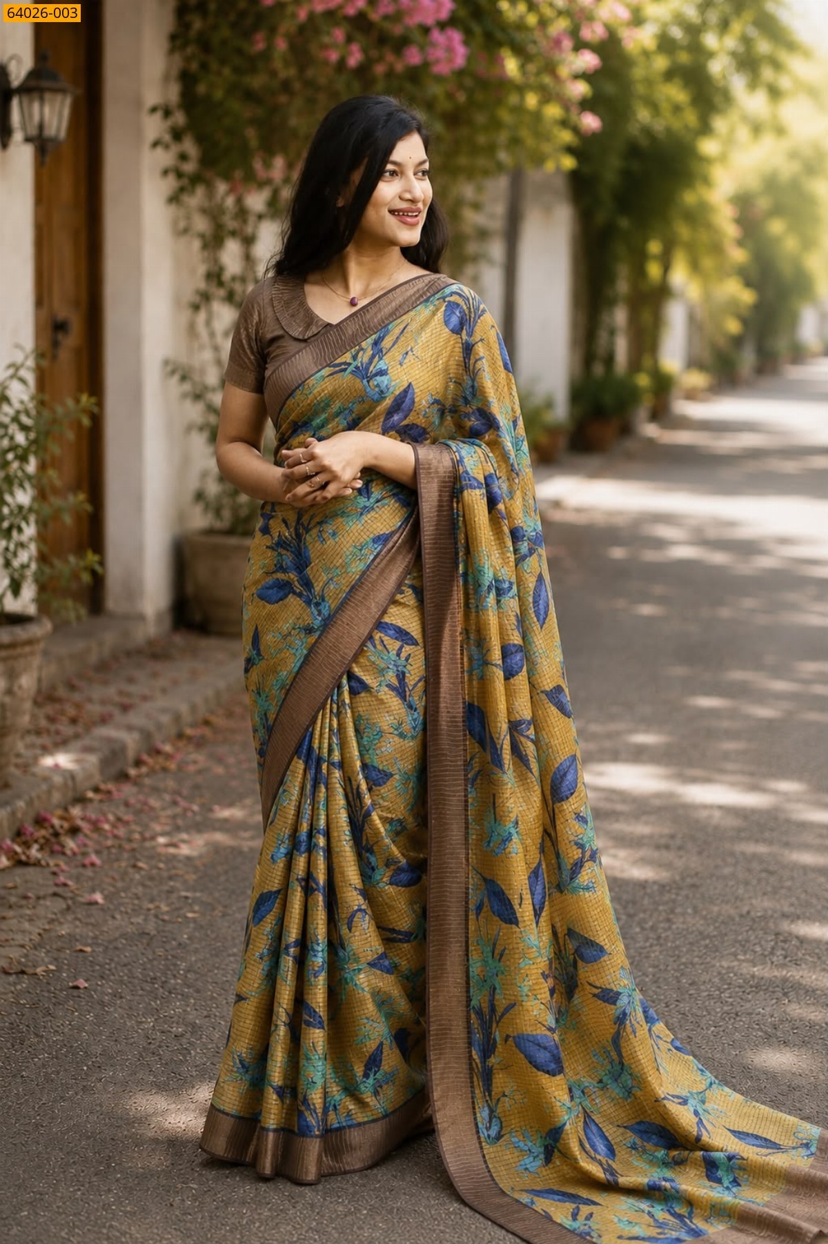 Yellow Checked Floral Silk Saree