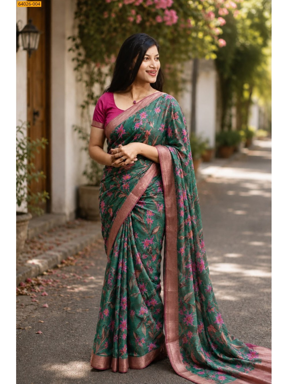 Green Checked Floral Silk Saree