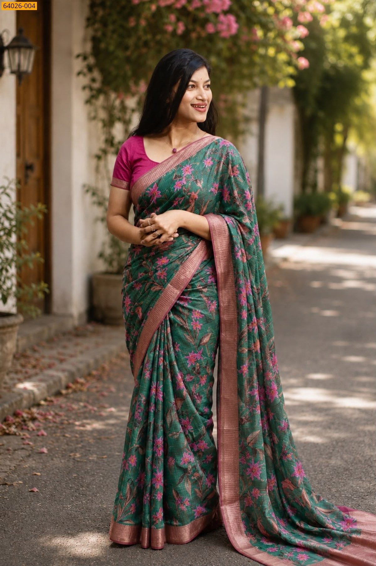 Green Checked Floral Silk Saree