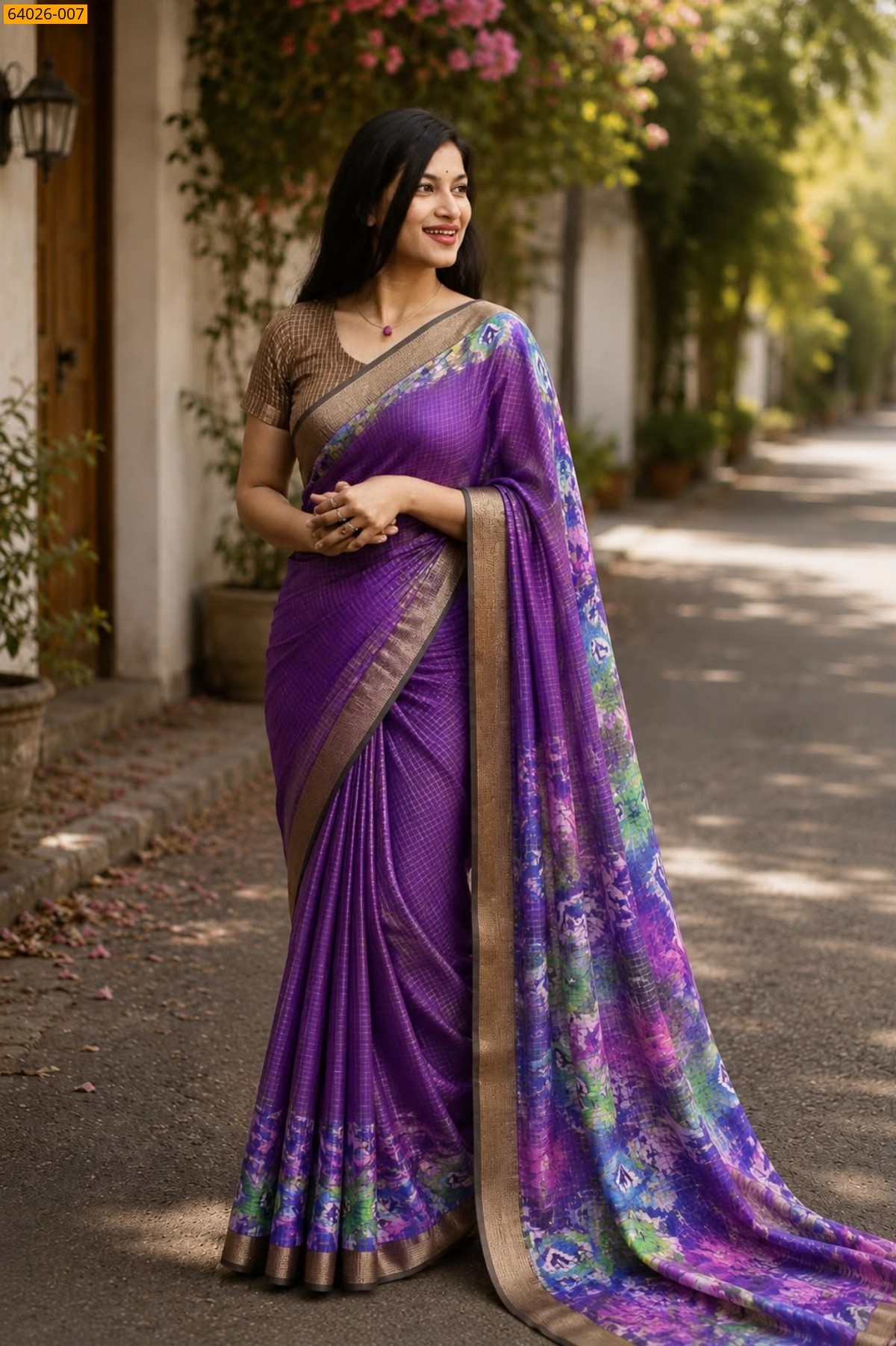 Violet Checked Floral Silk Saree