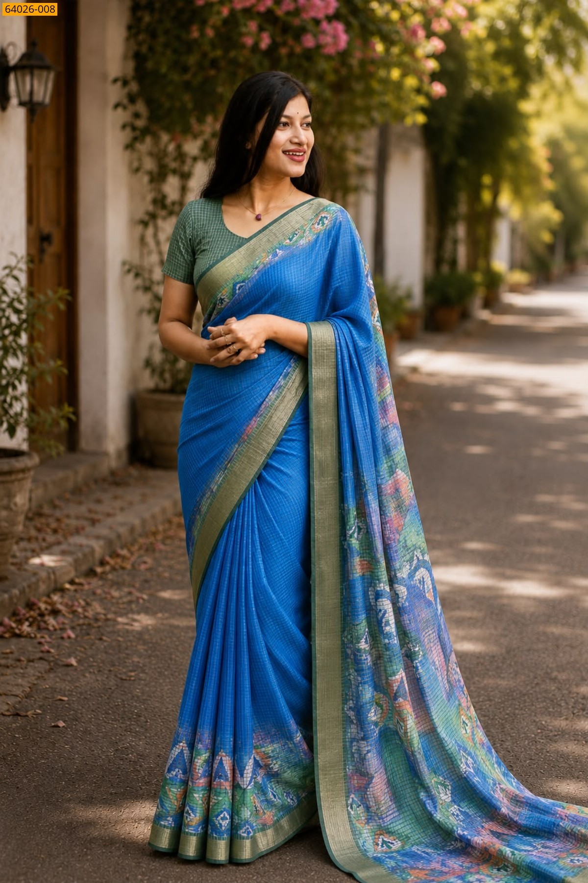 Sky Blue Checked Floral Silk Saree