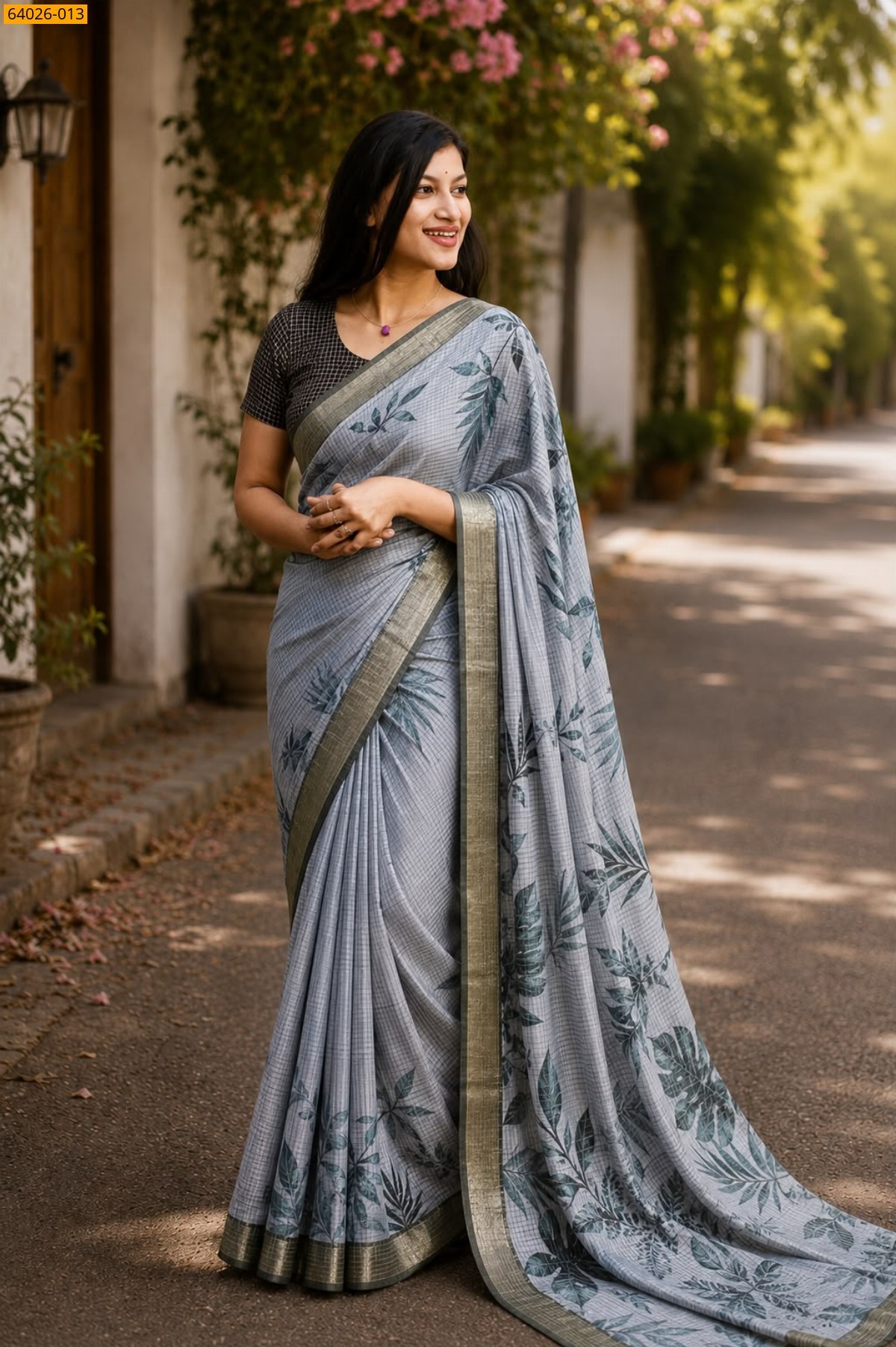 Gray Checked Floral Silk Saree