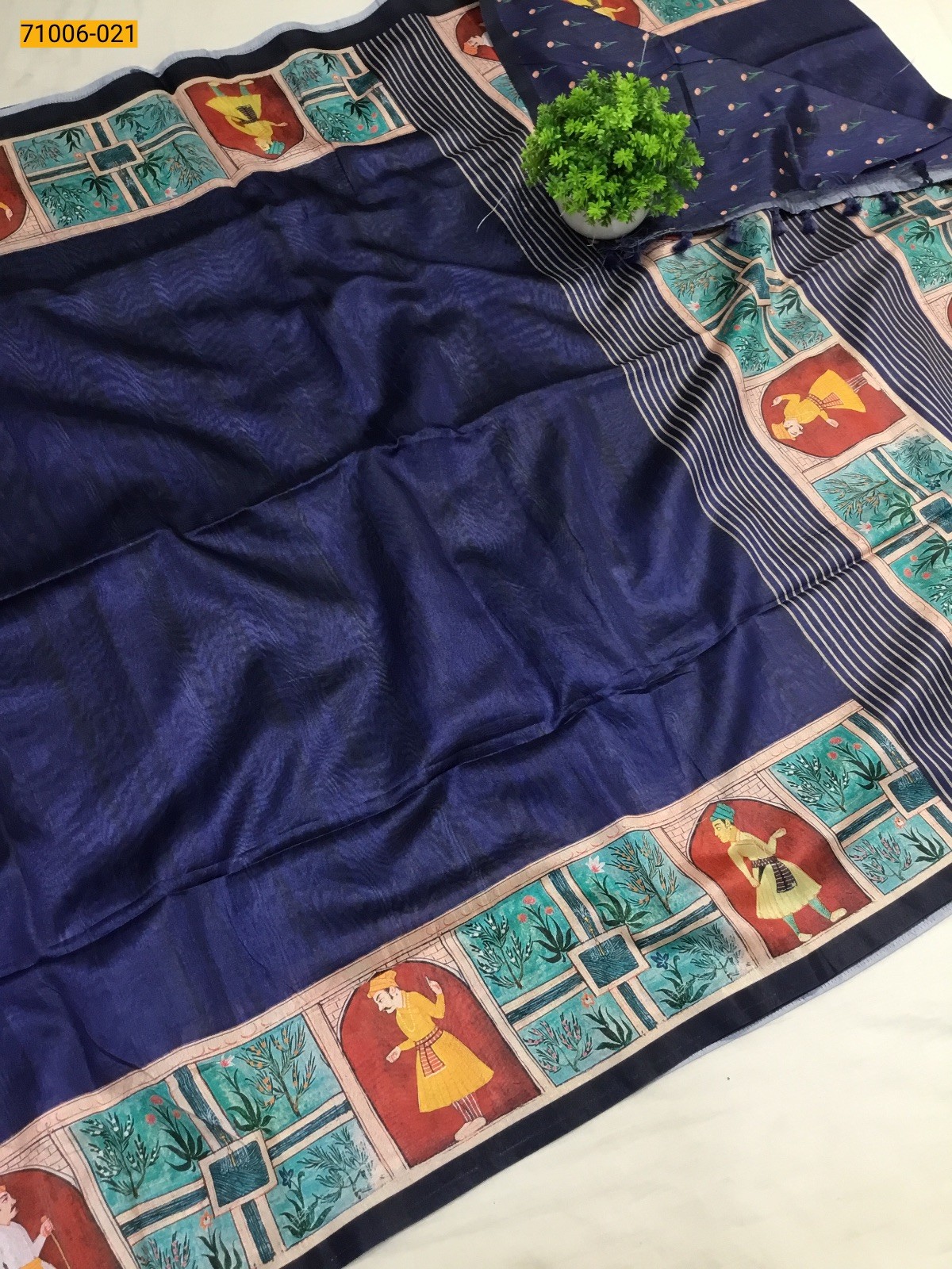 Navy Blue Kalamkari Soft Linen Silk Saree