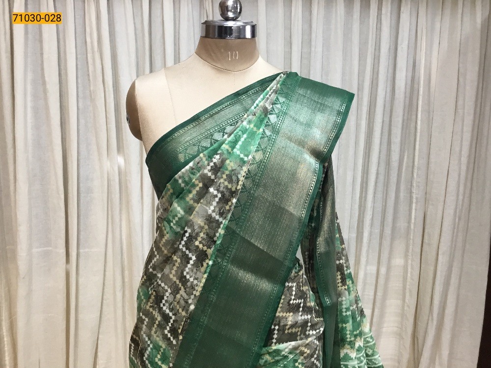 Green Digital Print Fancy Linen Cotton Saree