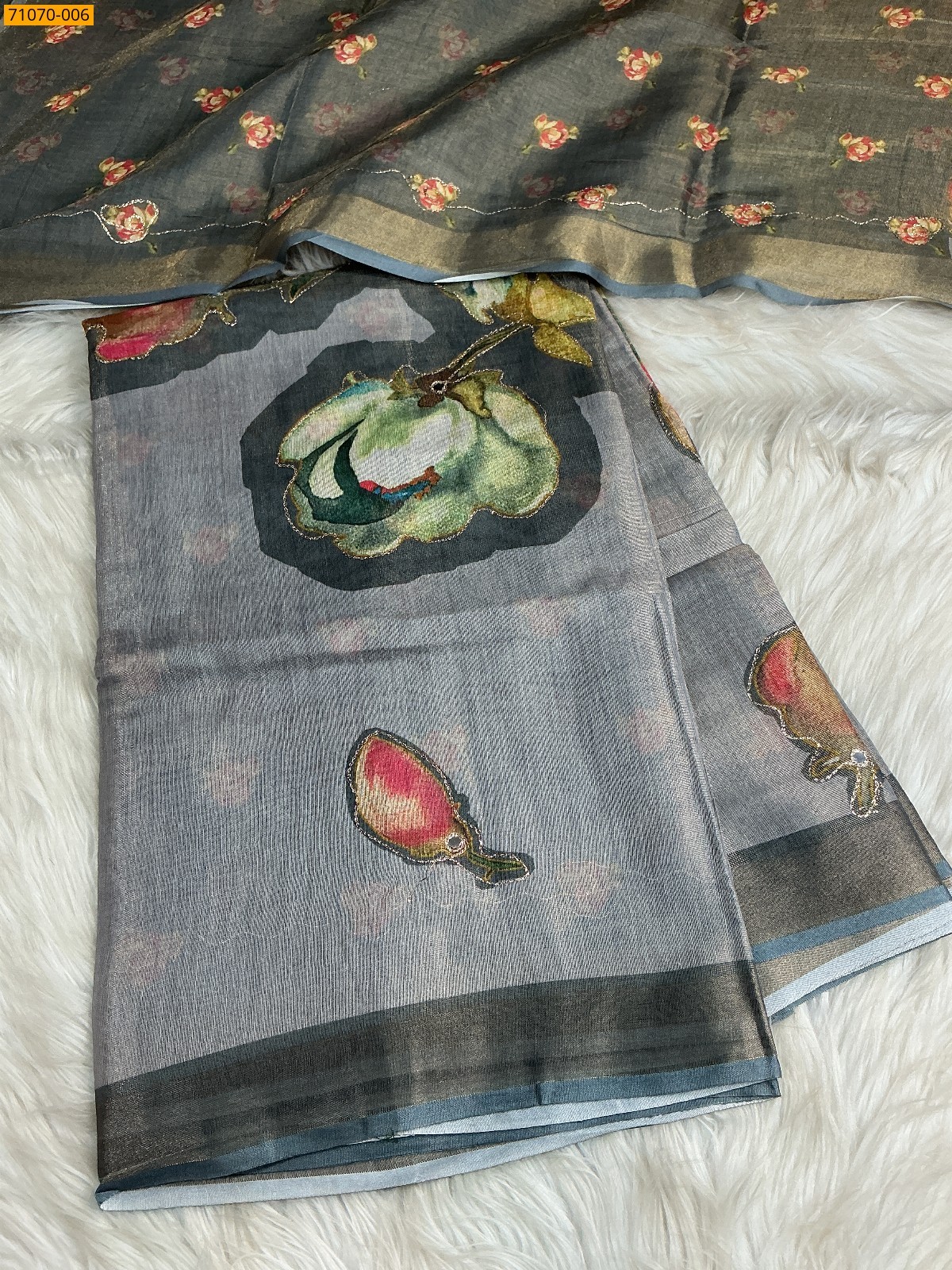 Blue Linen Tissue silk digital printed sarees