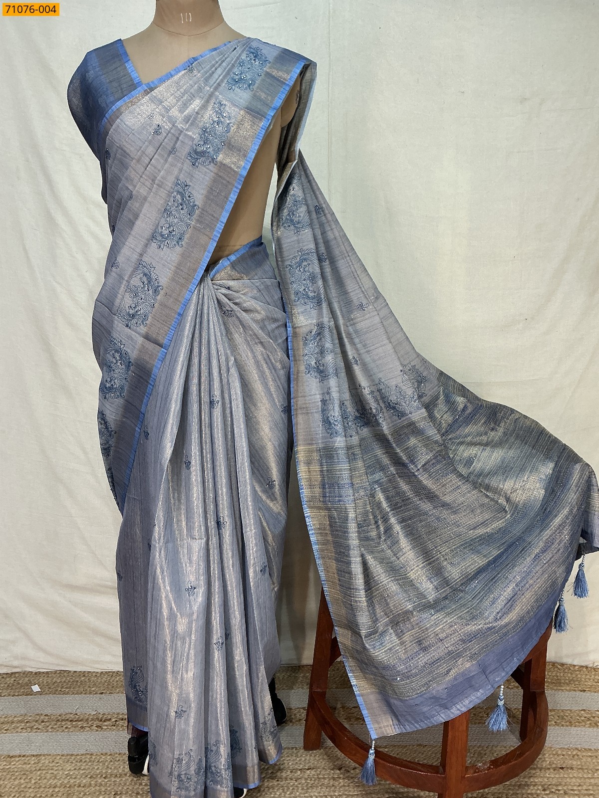 Light Blue Linen Tissue silk digital printed sarees