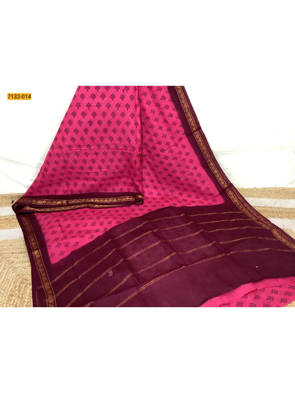 Dark Pink 9 Yards Printed Cotton Saree