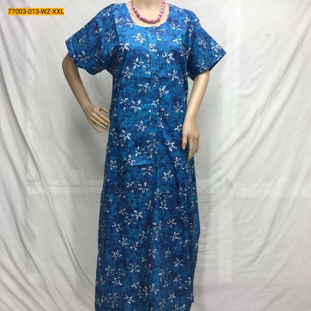 Blue Yellow Long Zip Cotton Printed Nighty - XXL