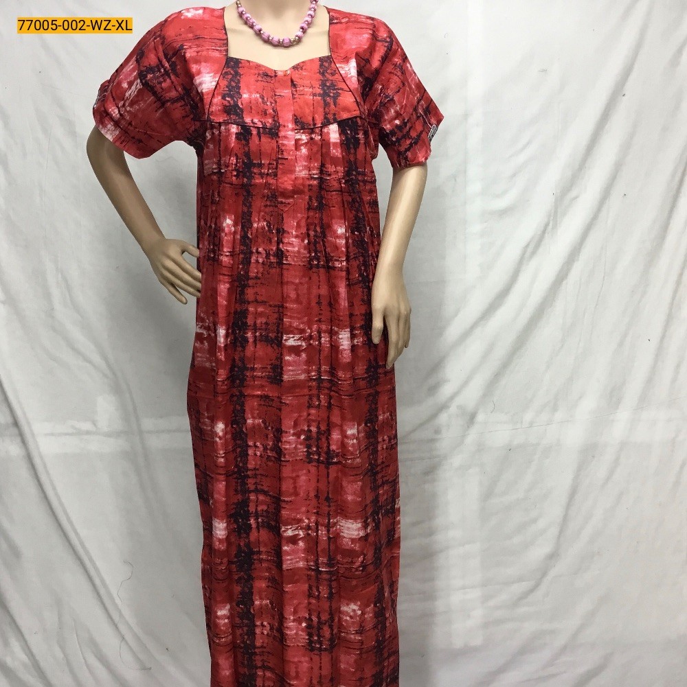 Red Pleated Cotton Printed Nighty-XL