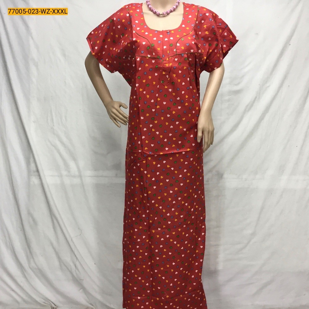 Red Pleated Cotton Printed Nighty-XXXL