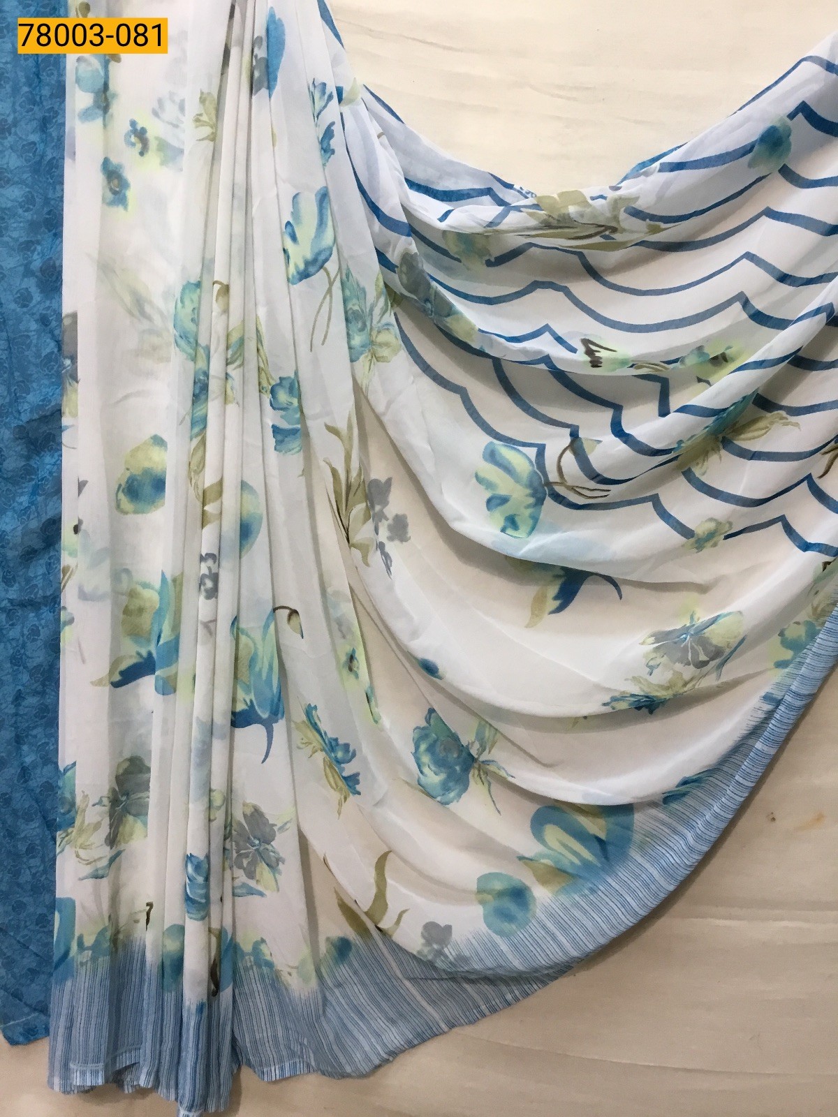 White With Blue chiffon printed sarees