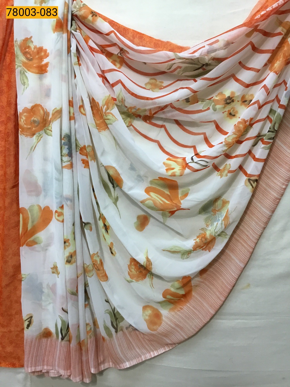 White With Orange chiffon printed sarees