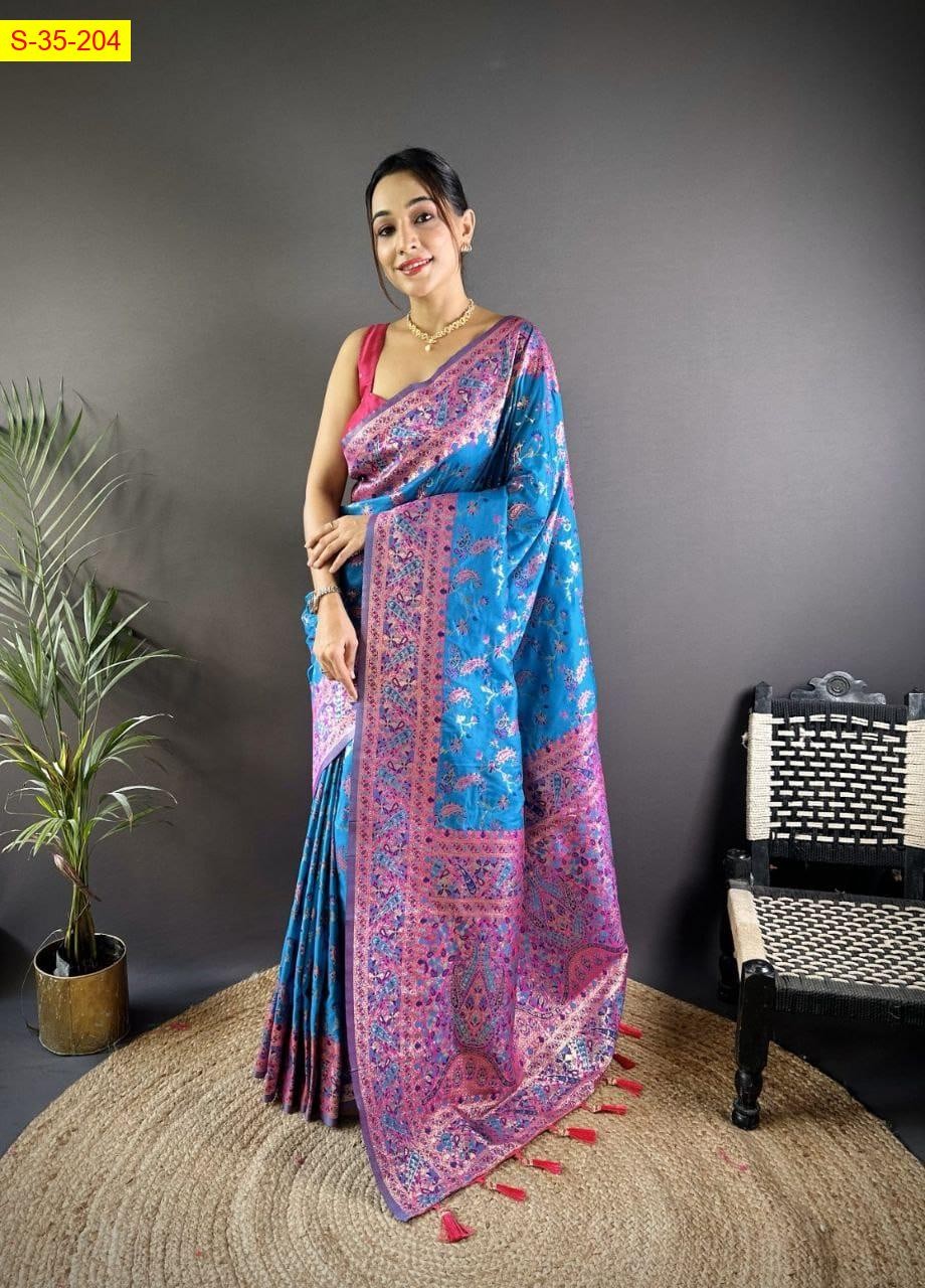Blue Pashmina silk saree