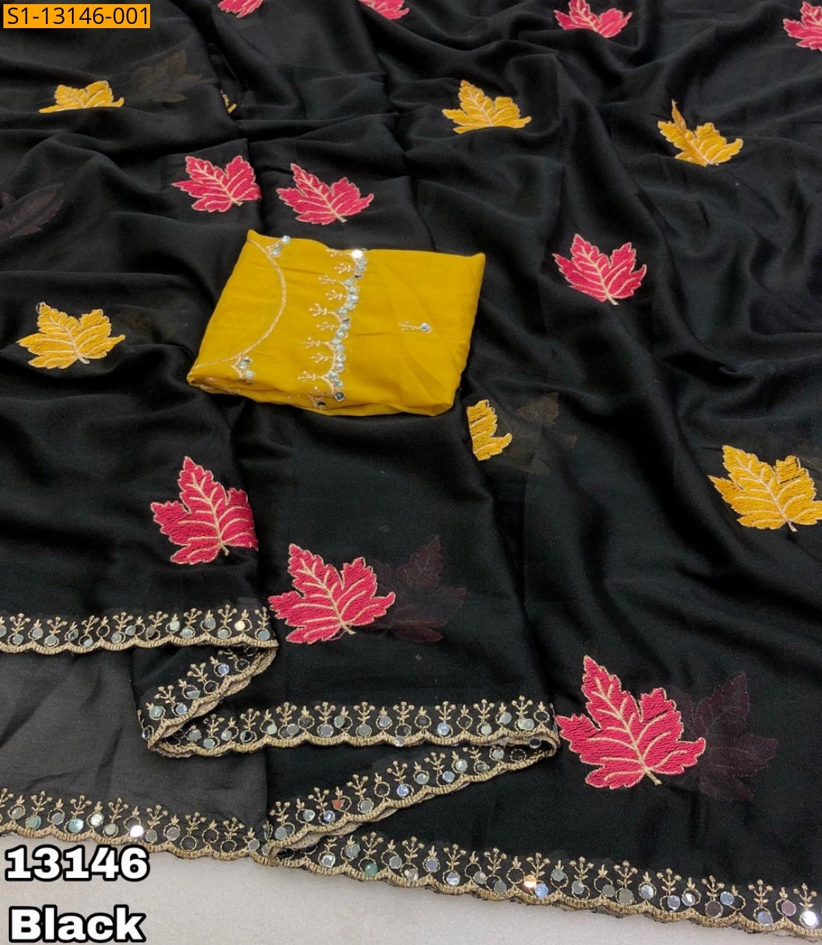 Black Star georgette leaf embroidery Saree