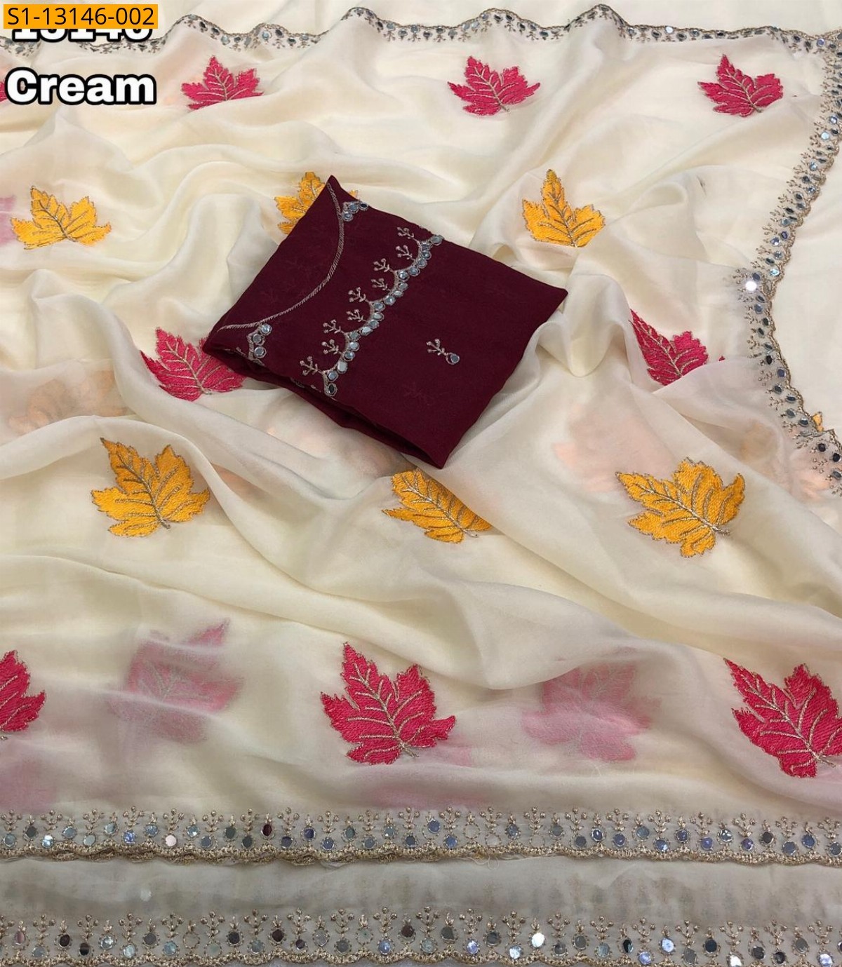 Cream Star georgette leaf embroidery Saree
