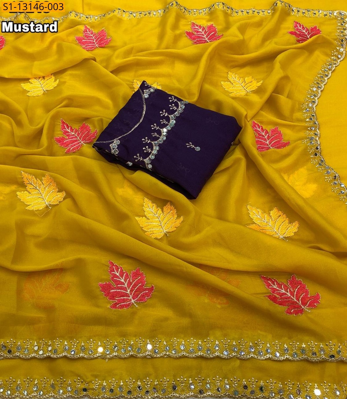 Mustard Star georgette leaf embroidery Saree