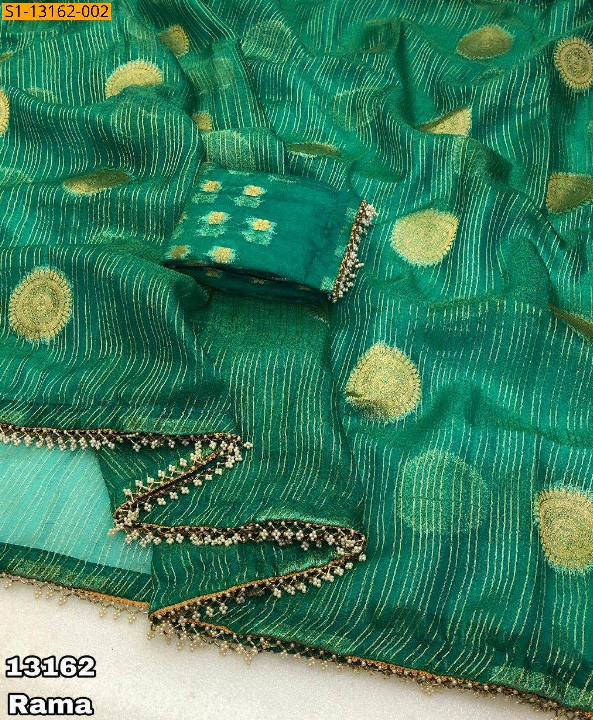 Rama Green Tissue Silk Hand Dyed Saree