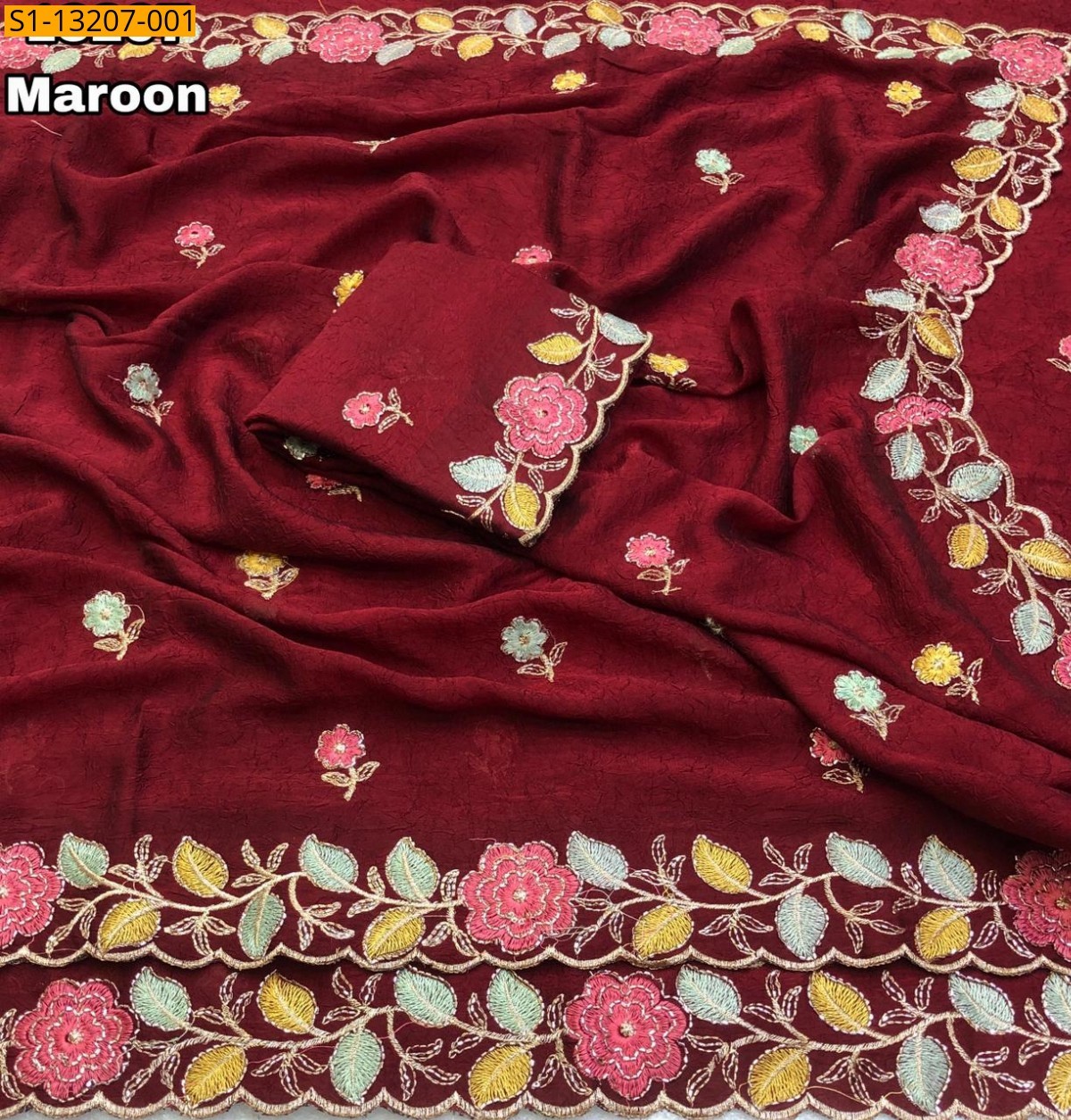 Maroon Rangoli Crush With Floral Design Saree