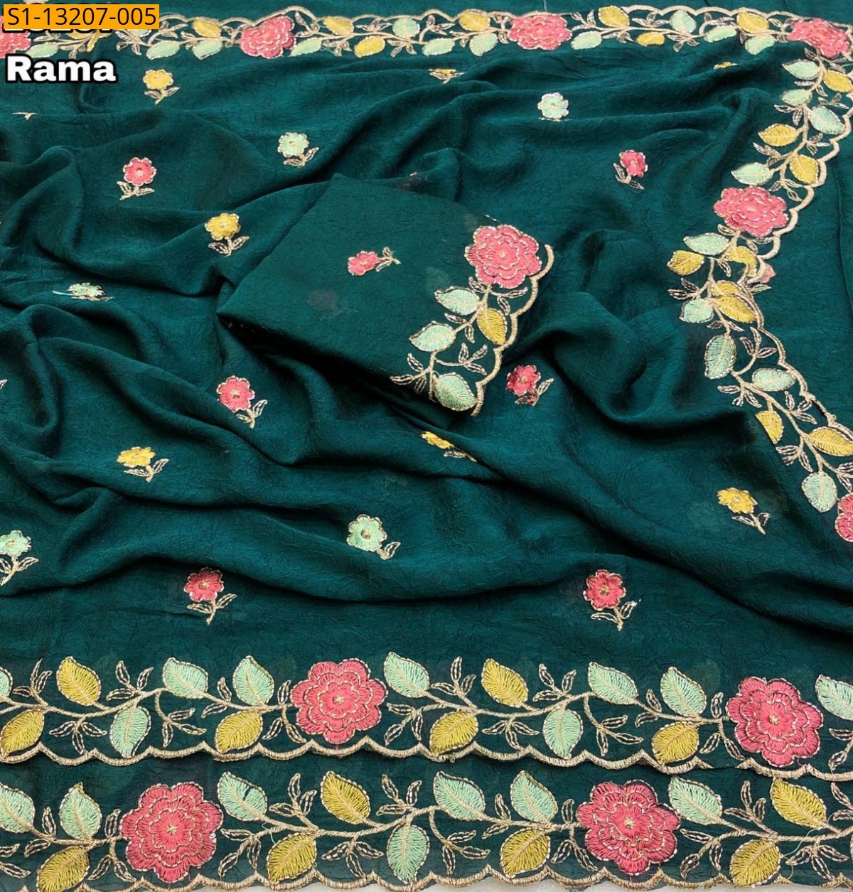 Rama Blue Rangoli Crush With Floral Design Saree