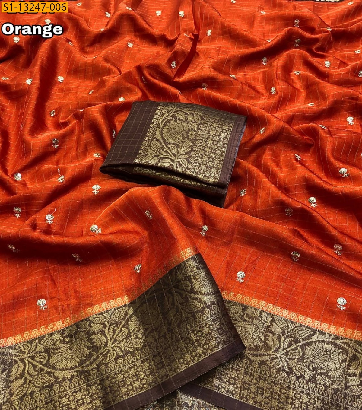 Orange Fancy Dola Checks Printed Sarees