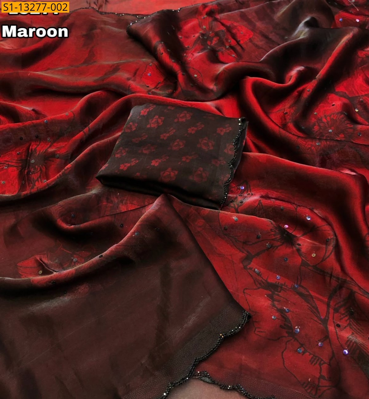 Maroon Fancy Space Silk Floral Digital Printed Saree