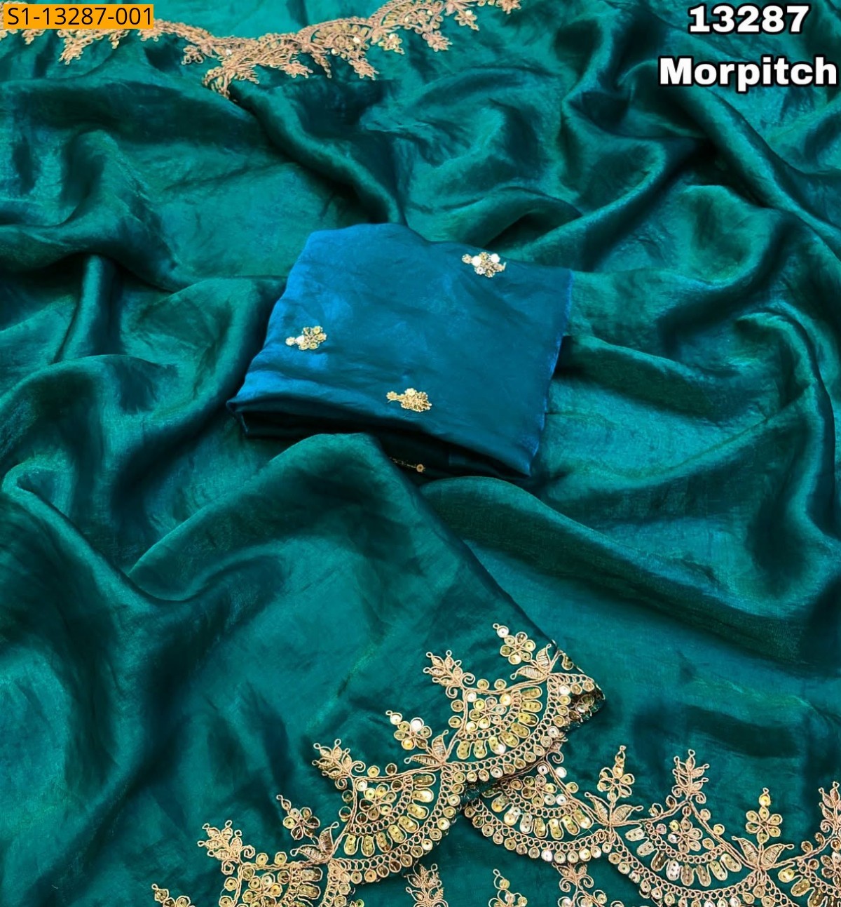 Morpitch Fancy Space Silk Embroidery Sarees