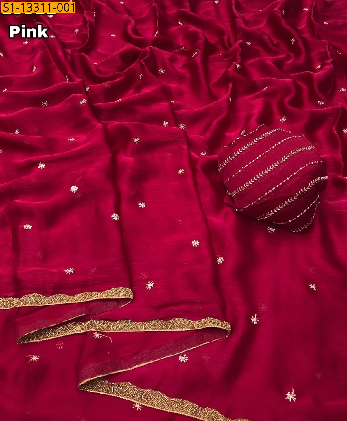Pink Fancy Soft Satin Chiffon Saree
