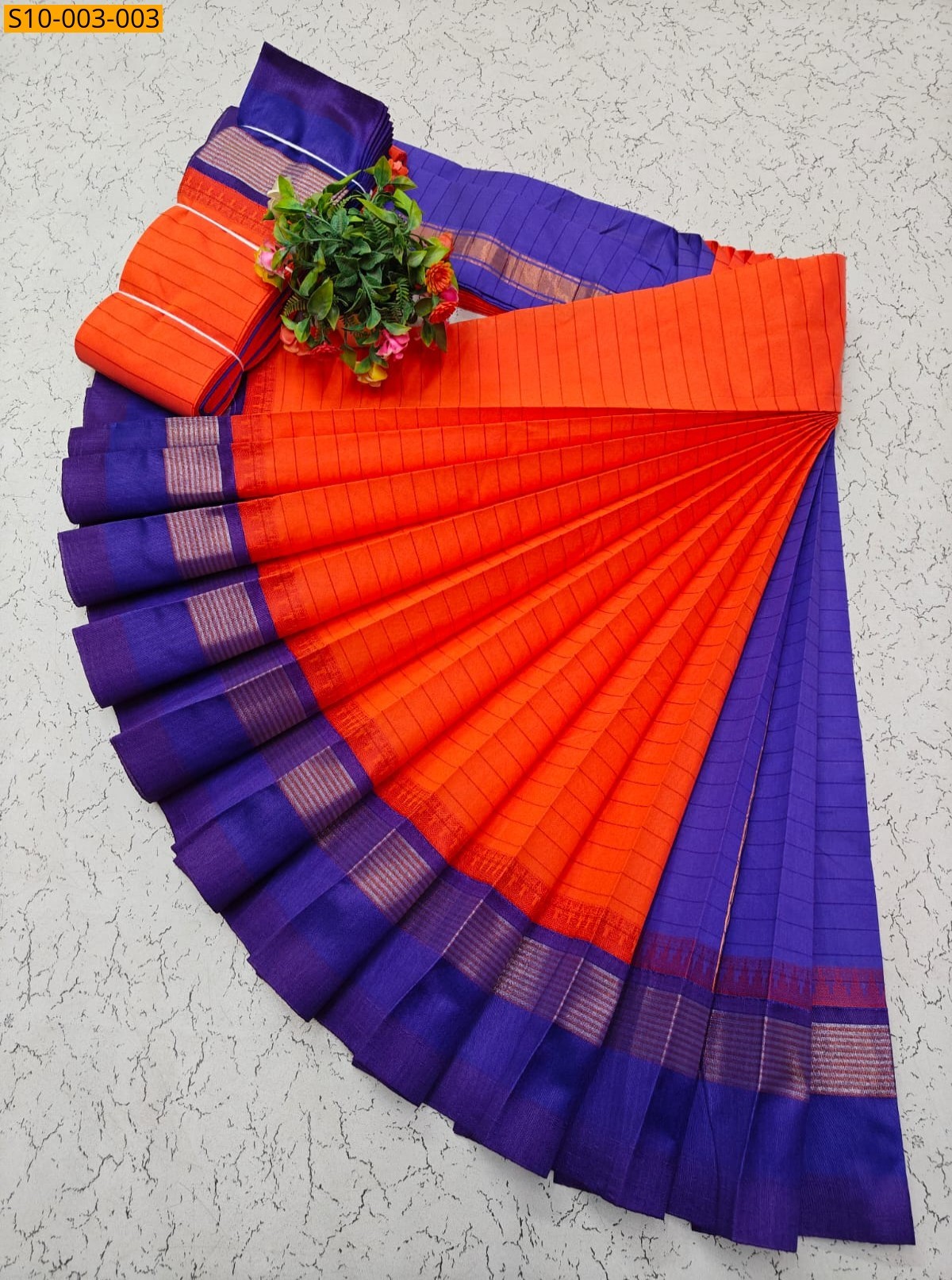 Orange Fancy Korvai Border Silk Cotton Sarees