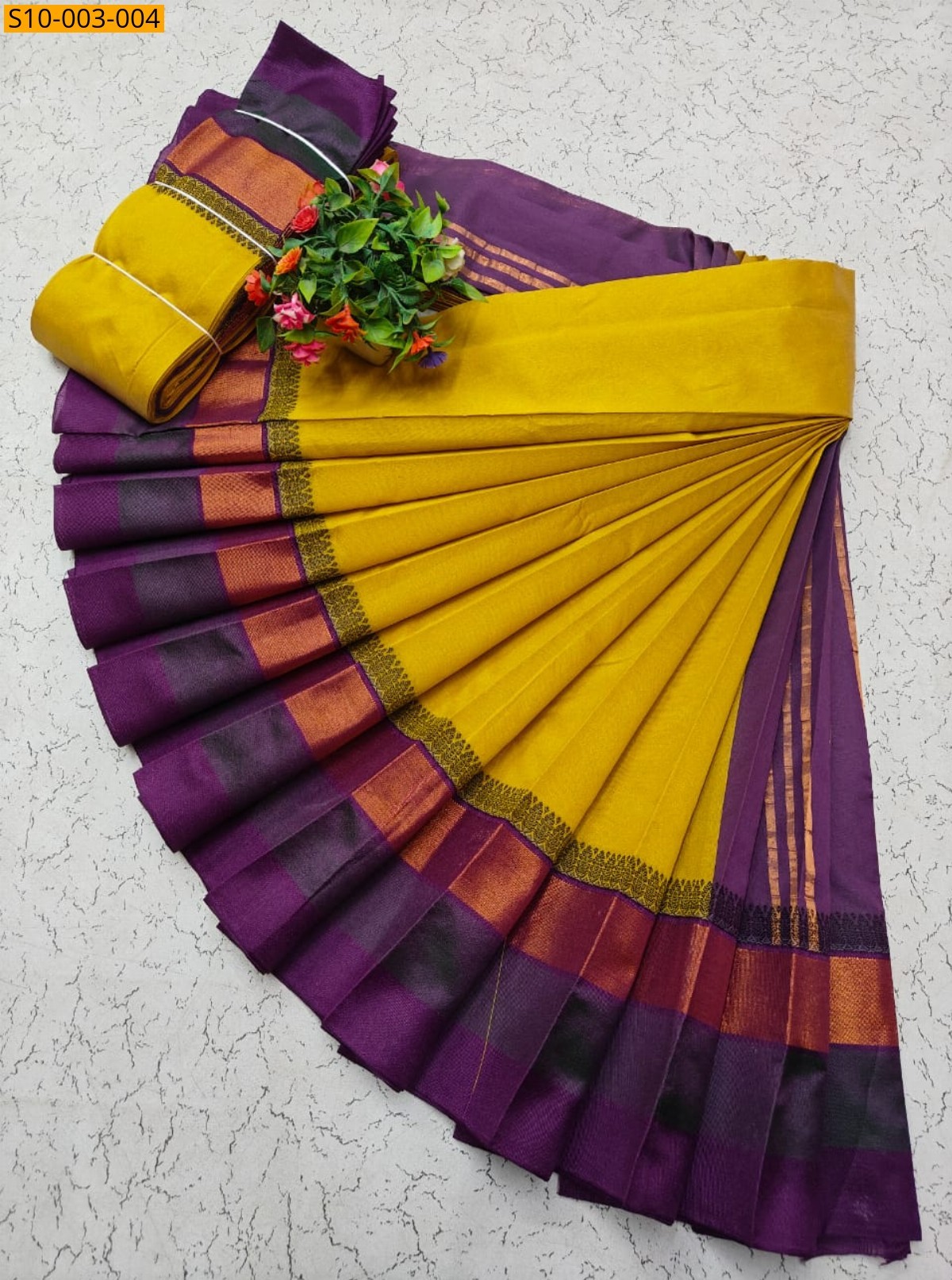Mustard Yellow Fancy Korvai Border Silk Cotton Sarees