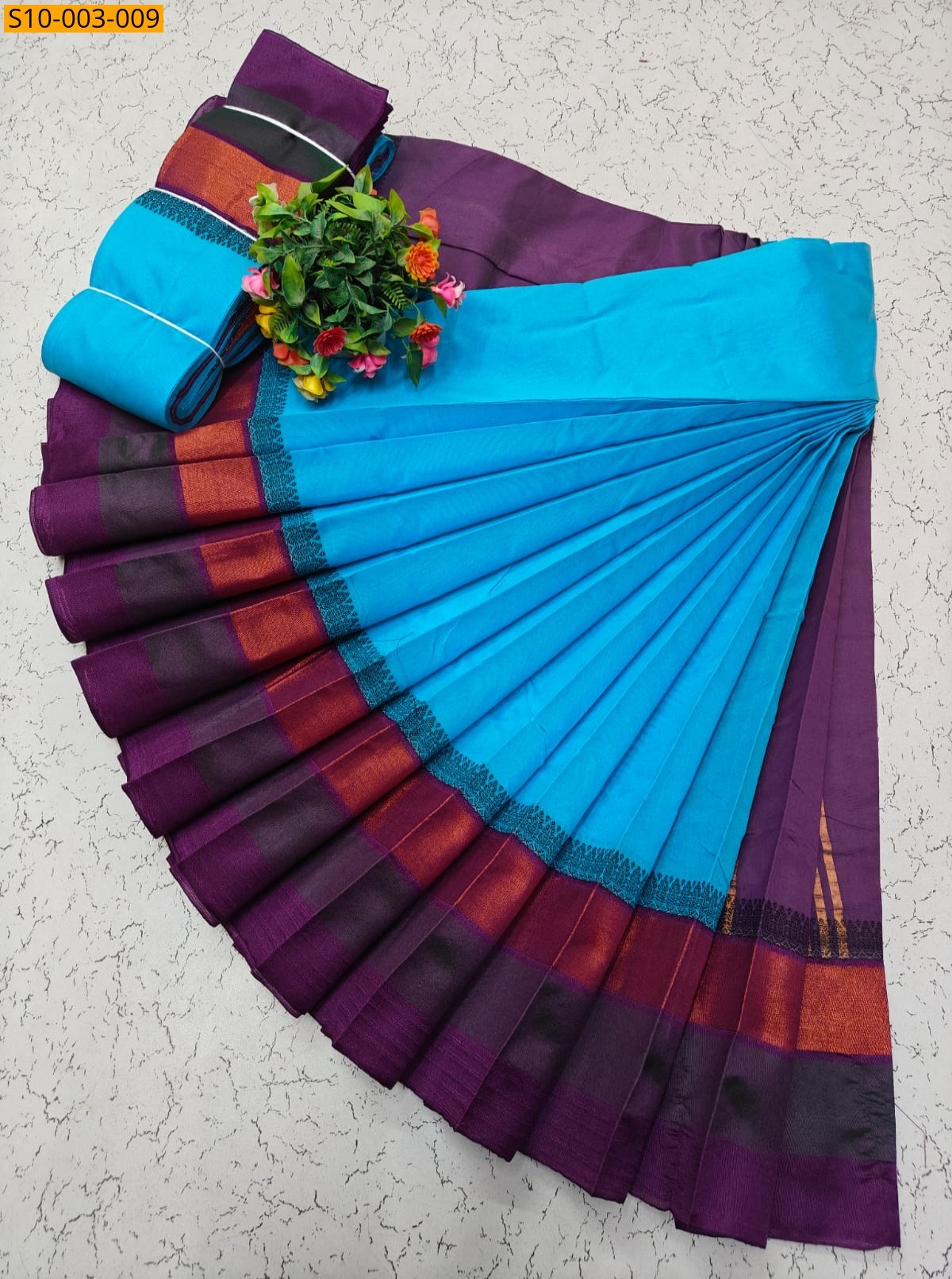 Blue Fancy Korvai Border Silk Cotton Sarees