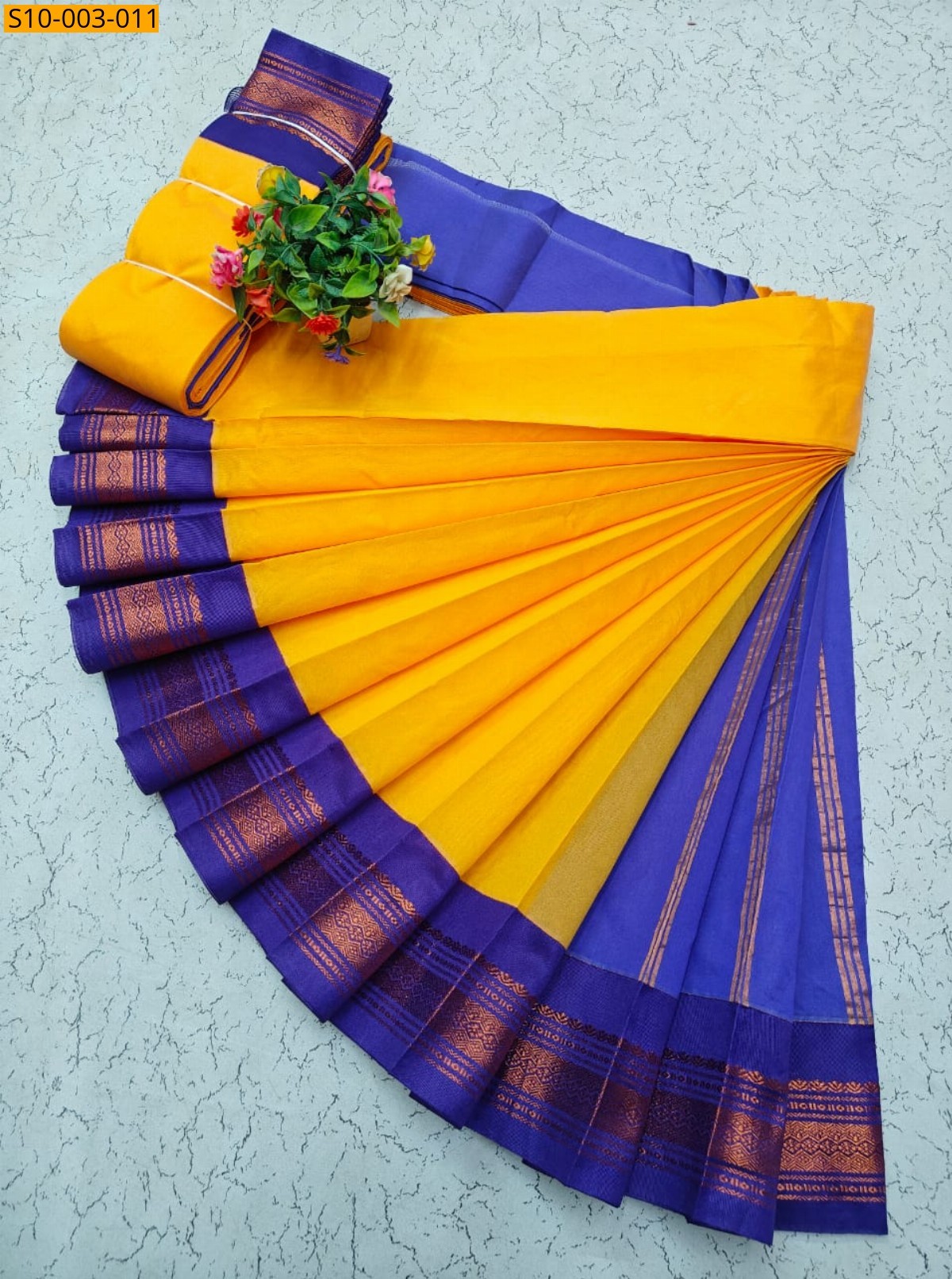 Mustard Yellow Fancy Korvai Border Silk Cotton Sarees