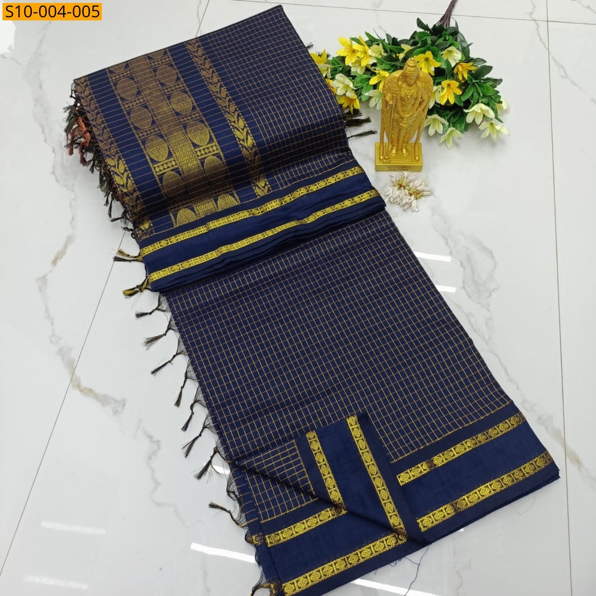 Navy Blue Fancy Kalyani Cotton Checks Sarees