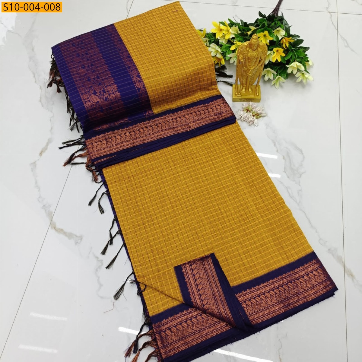 Mustard Fancy Kalyani Cotton Checks Sarees