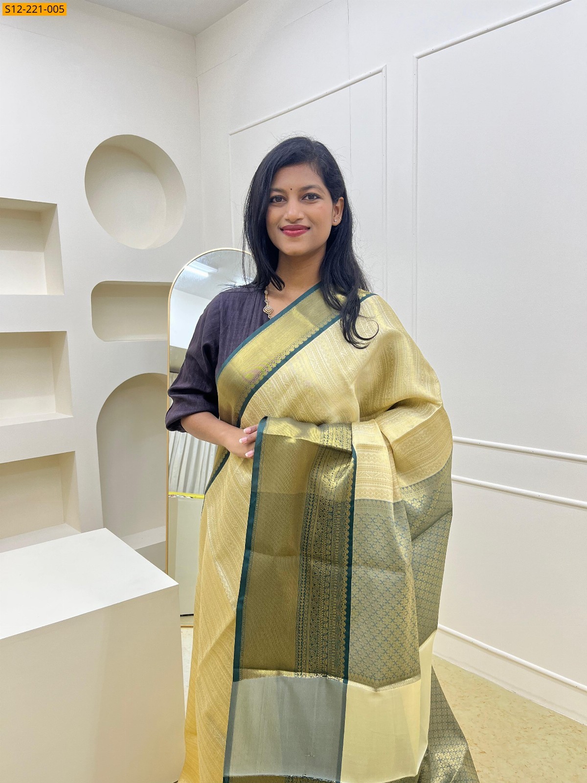 Beige Banarasi semi katan soft silk saree