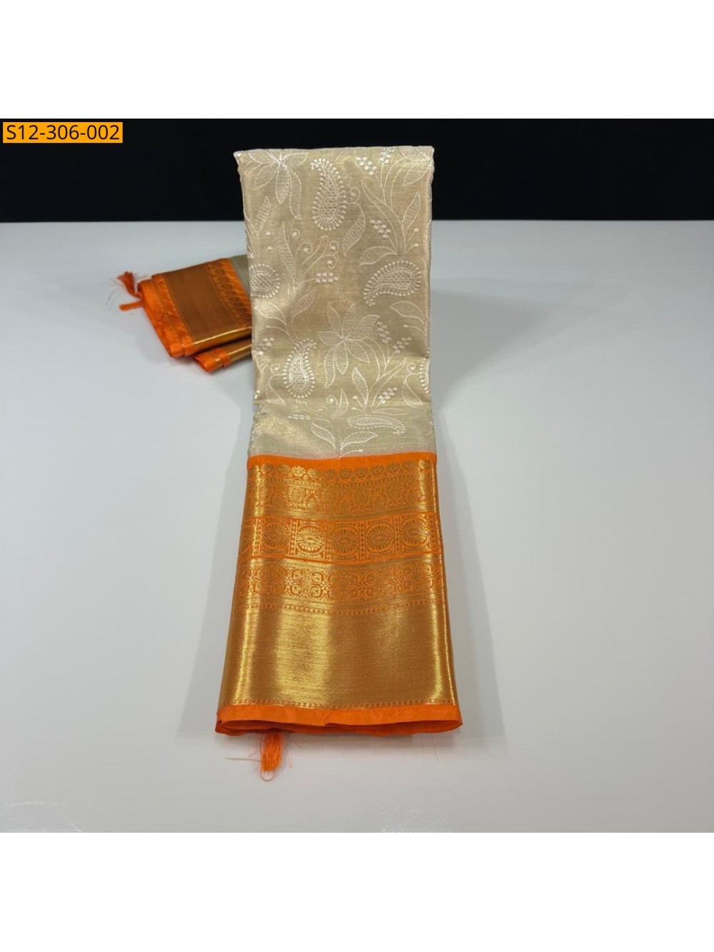 Orange Banarsi kaanchi border tissue embroidery Saree Orange Banarsi kaanchi border tissue embroidery Saree