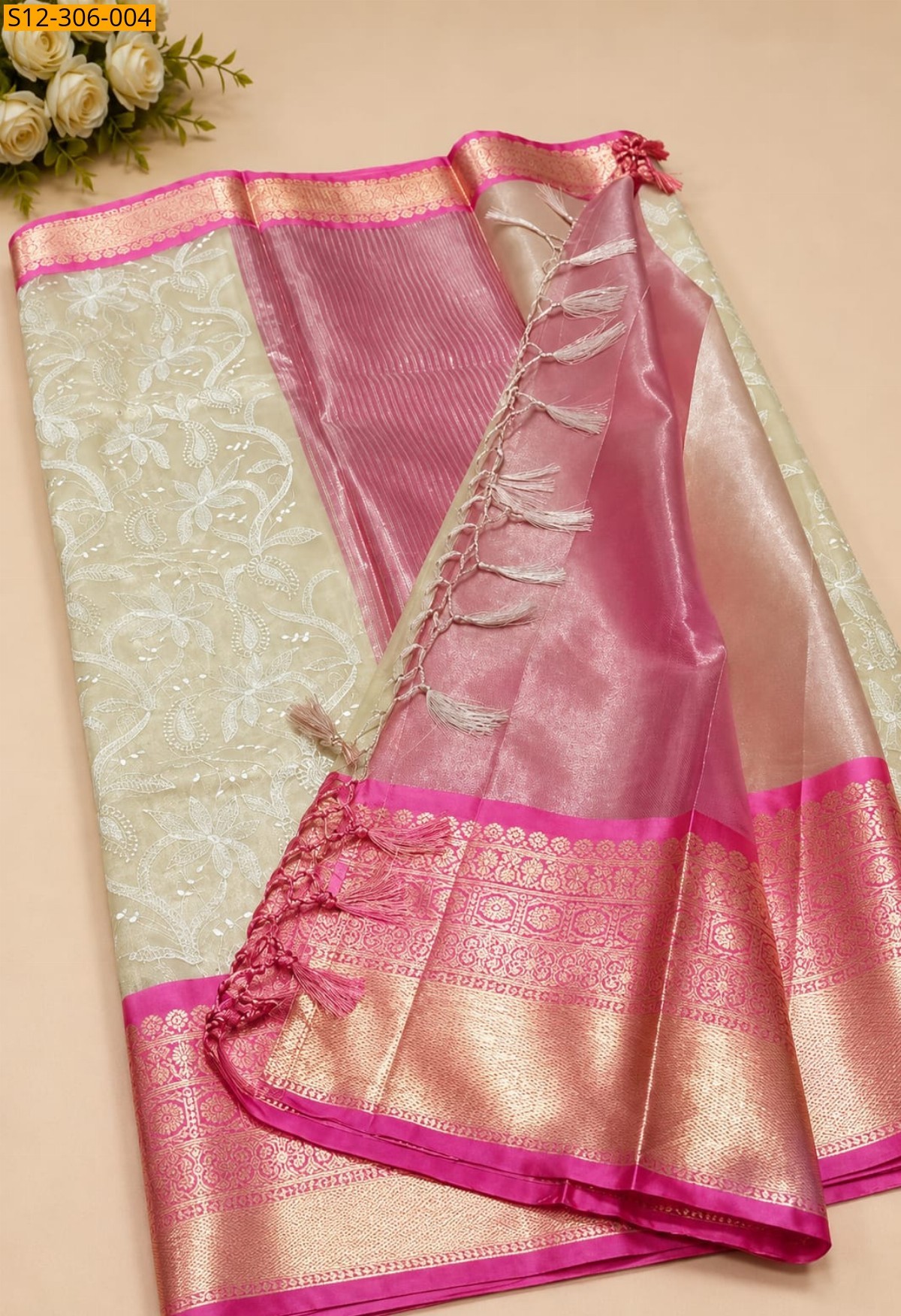 Pink Banarsi kaanchi border tissue embroidery Saree