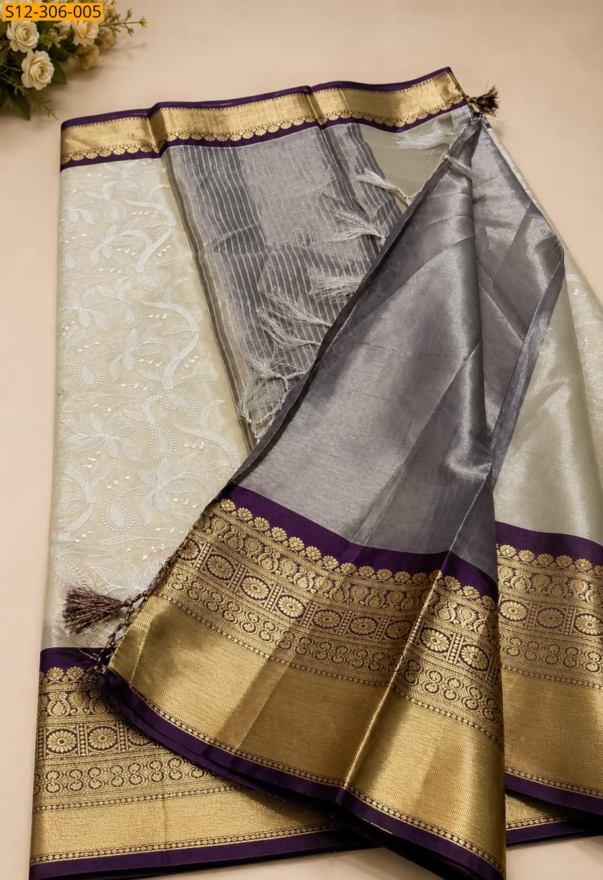 Purple Banarsi kaanchi border tissue embroidery Saree