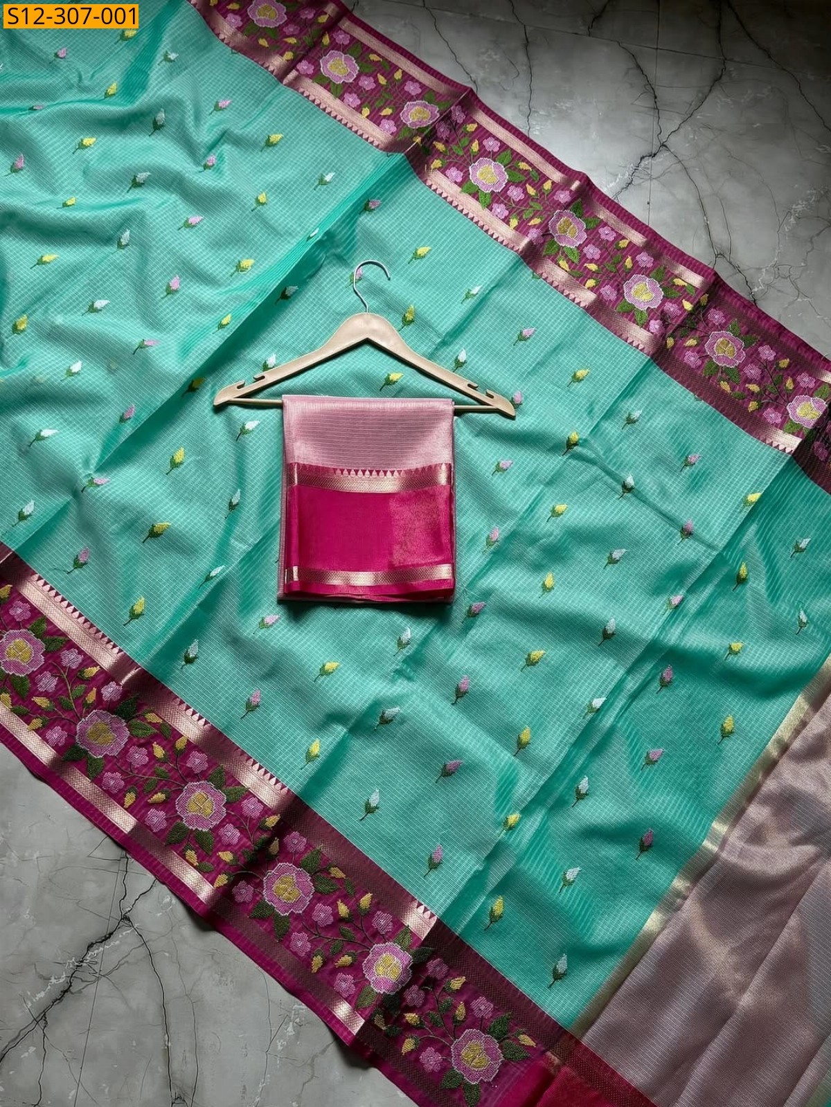 Rama green Banarasi kota chek embroidery Saree