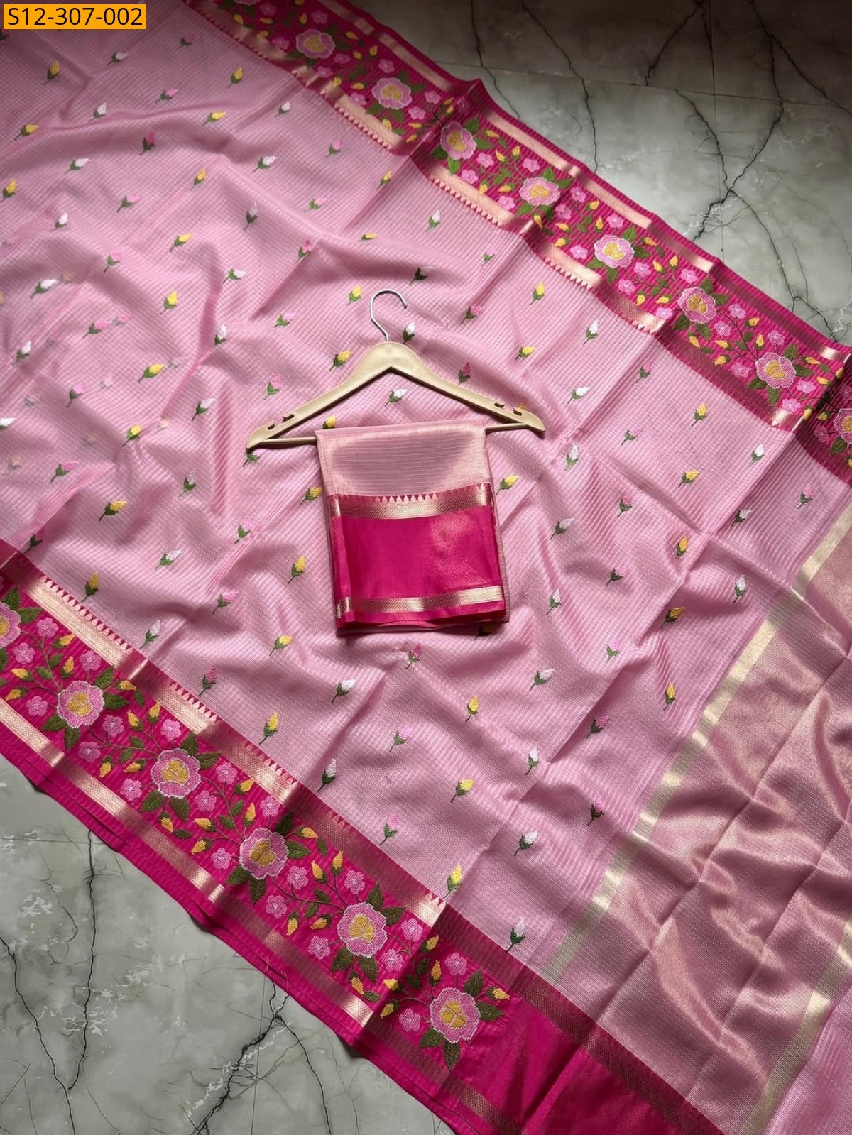 Banarasi kota chek embroidery Saree - Pink