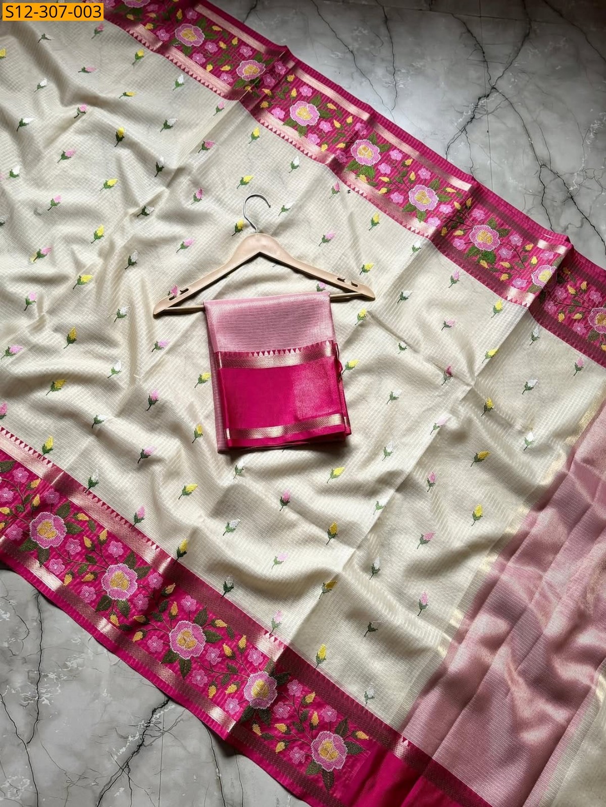 Cream Banarasi kota chek embroidery Saree