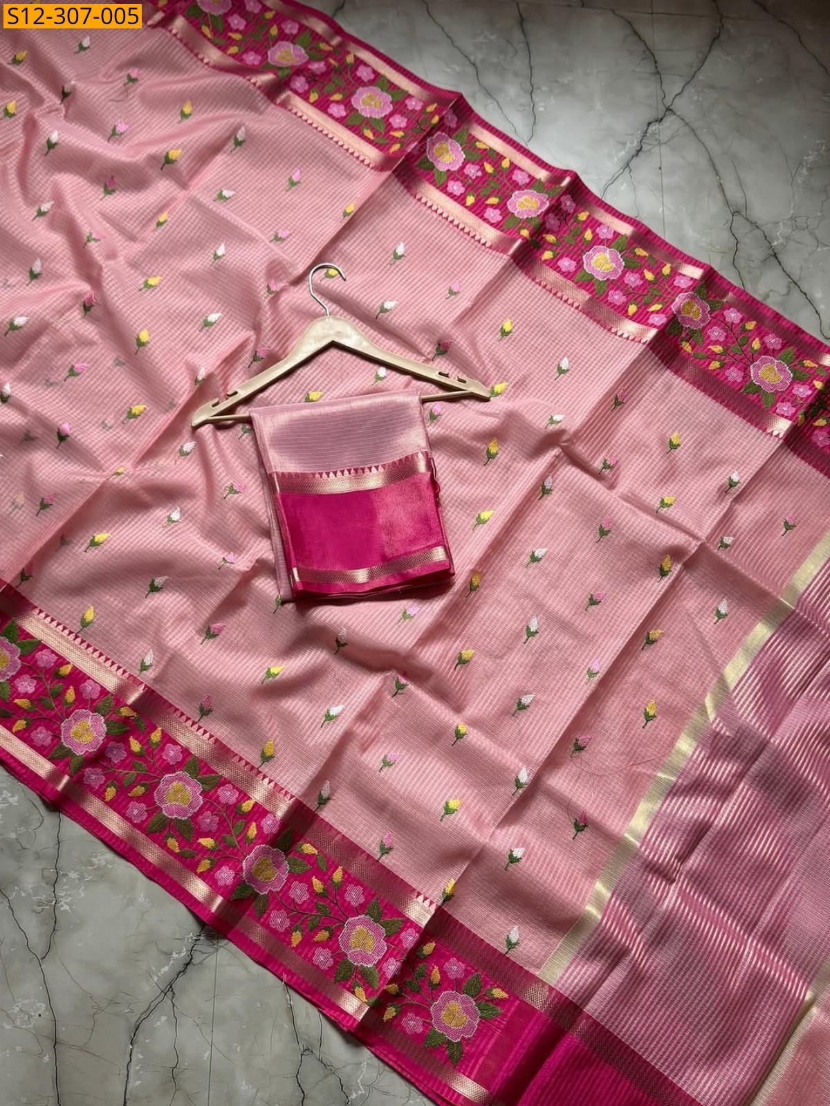 Light Pink Banarasi kota chek embroidery Saree