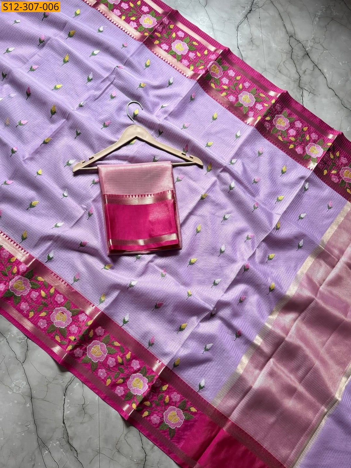 Lavender Banarasi kota chek embroidery Saree
