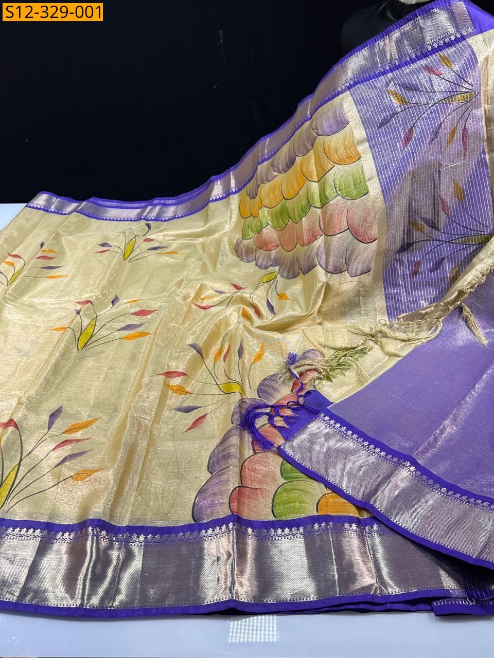 Half White Banarasi tissue printed saree