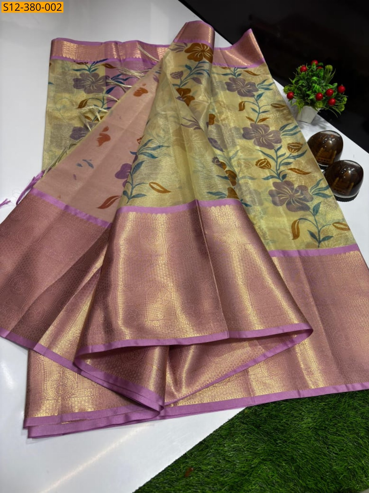 Light Pink Fancy Banarsi tissue printed soft silk Saree
