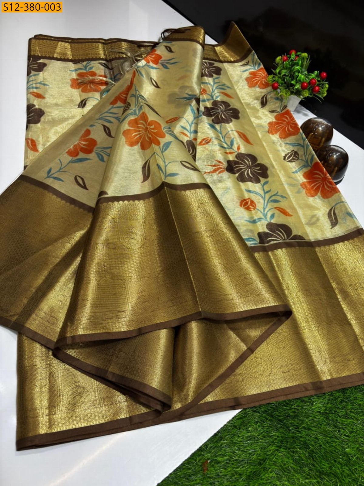 Brown Fancy Banarsi tissue printed soft silk Saree