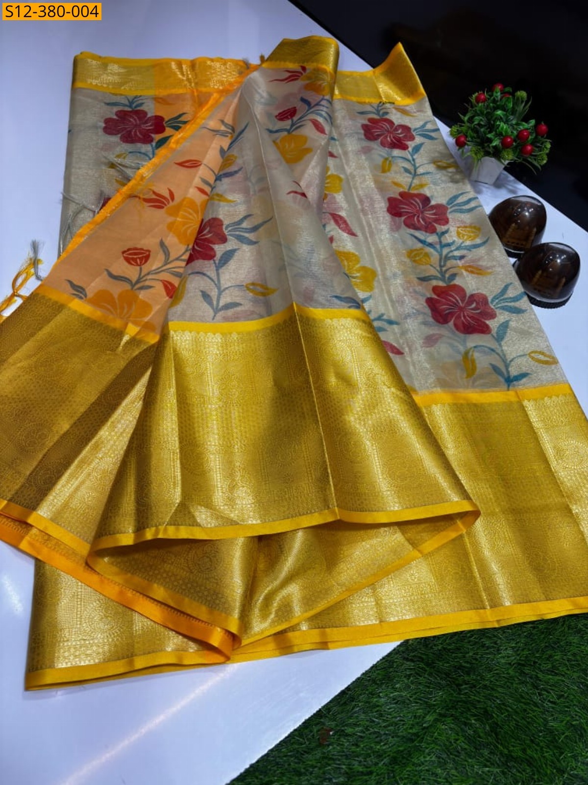 Yellow Fancy Banarsi tissue printed soft silk Saree